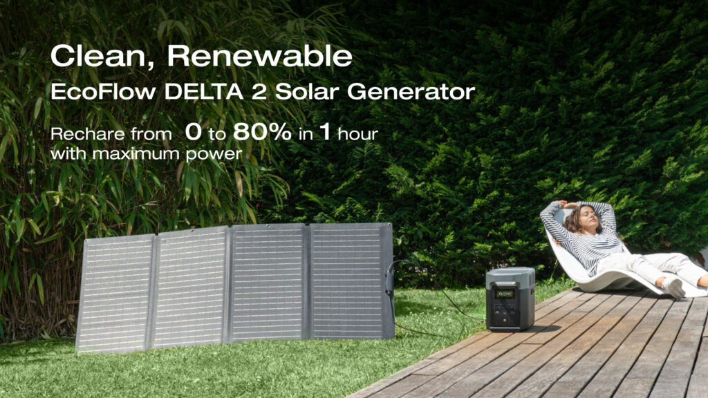 The EcoFlow DELTA 2 charges from 0 to 80% in just one hour using clean and renewable solar power.